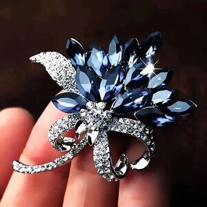Flower Brooch Sapphire Blue Rhinestone Bouquet Bow Pin Sparkle Glam Elegant